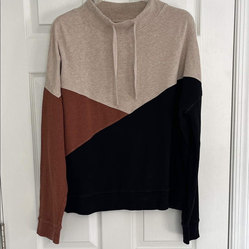 Pact Women's Tri-Color Mock Neck Pullover  - Tan, Brown, and Black